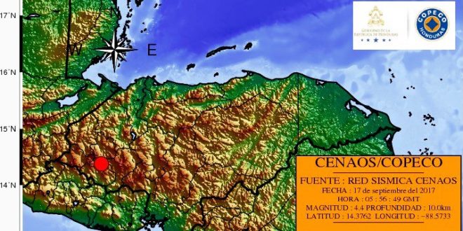 Sismo de magnitud 4,4 en el occidente de Honduras