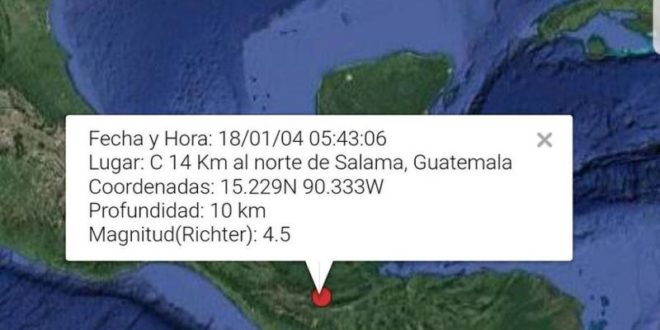 Sismo de magnitud 4.5 Richter sacude el norte de Guatemala