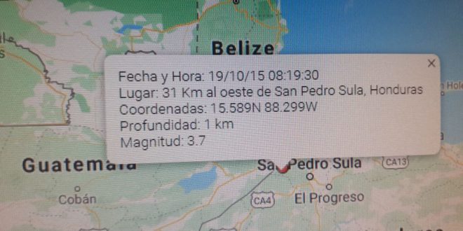 Se reporta temblor de 3.7 en el norte de Honduras