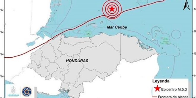Sismo de magnitud 5.3 grados remece el Caribe de Honduras